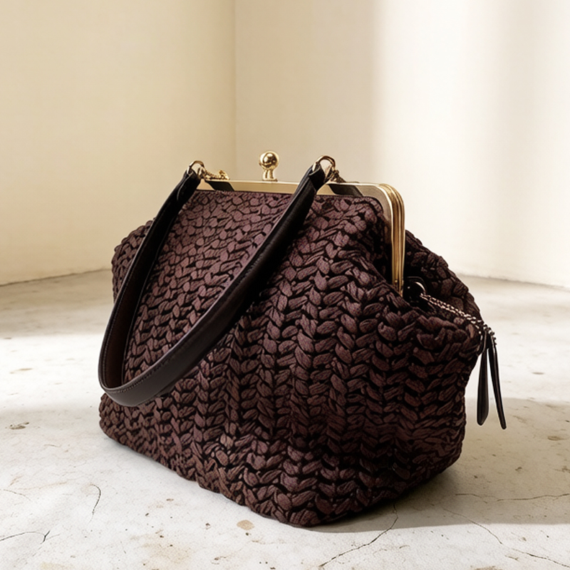 Luxury Bag Collection - El yapımı Kisslock Çerçeveli Omuz Rafya